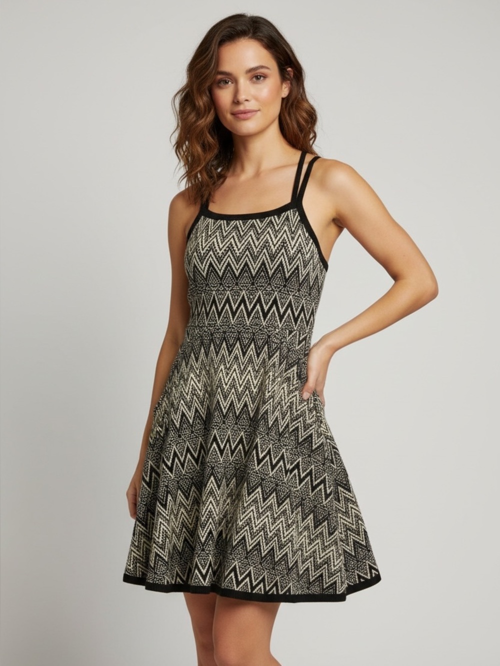 Topshop Black & Cream Zigzag Mini Dress - Picture 1 of 5